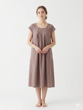 Bella Blue Dress Mauve Minimalist Lagenlook Shift Linen Blend Midi S/M